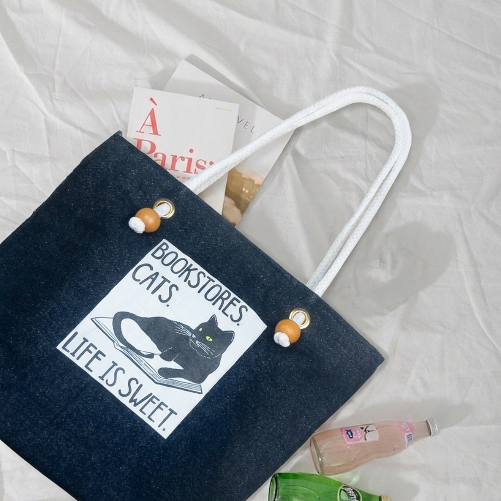 Mayabi Bookish Cat Navy Denim Tote