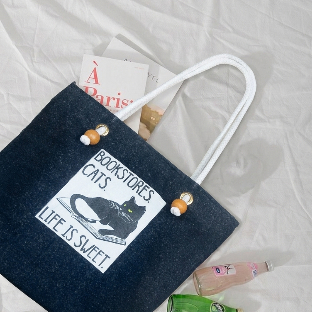 Mayabi Bookish Cat Navy Denim Tote