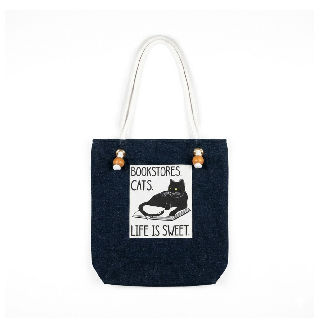 Mayabi Bookish Cat Navy Denim Tote