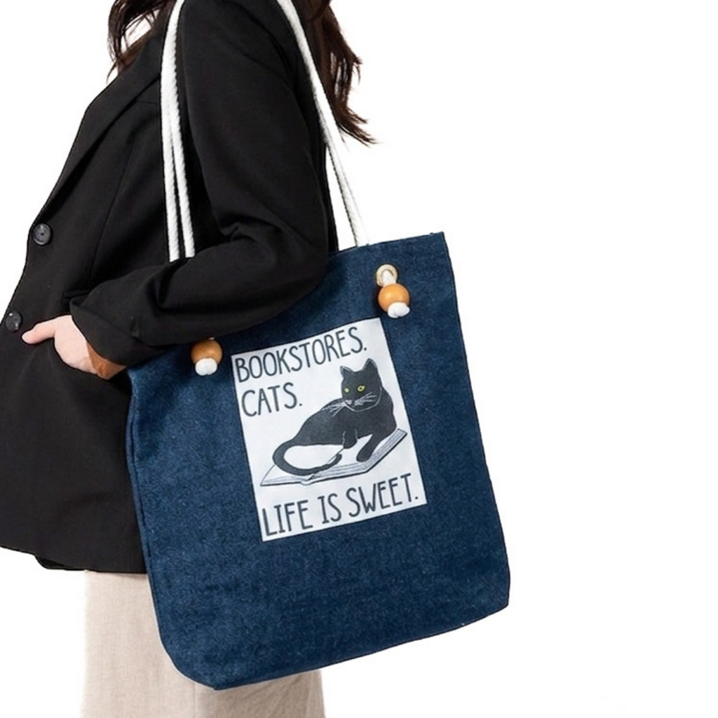 Mayabi Bookish Cat Navy Denim Tote