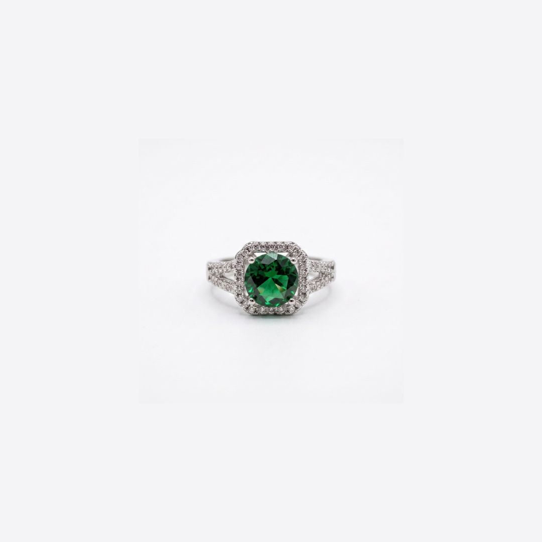 Royal Emerald Halo – 18K Silver Toned Ring