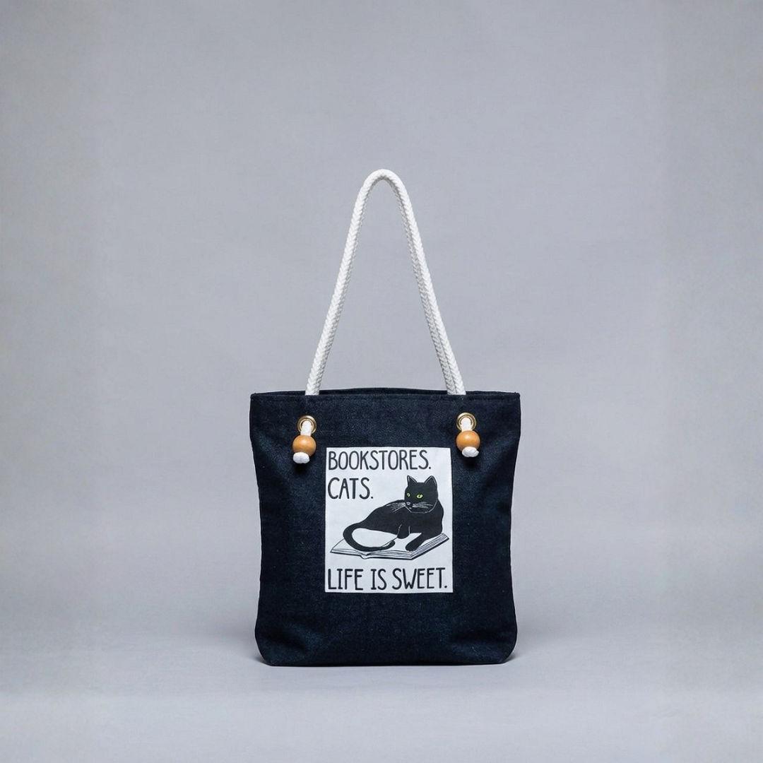 Mayabi Bookish Cat Navy Denim Tote